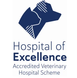Hospital of Excellence Accredited Veterinary Hospital Scheme logo with stylized dog and cat