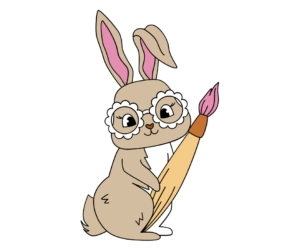 Cute cartoon Easter bunny wearing large glasses and holding a paintbrush with pink paint while sitting upright