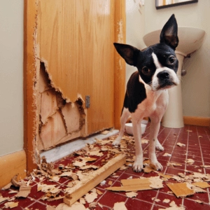 Small black and white dog standing beside a damaged wooden door with torn panels and scattered wood pieces on the floor