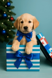 Golden retriever puppy sitting inside a gift box with a blue ribbon beside a decorated Christmas tree